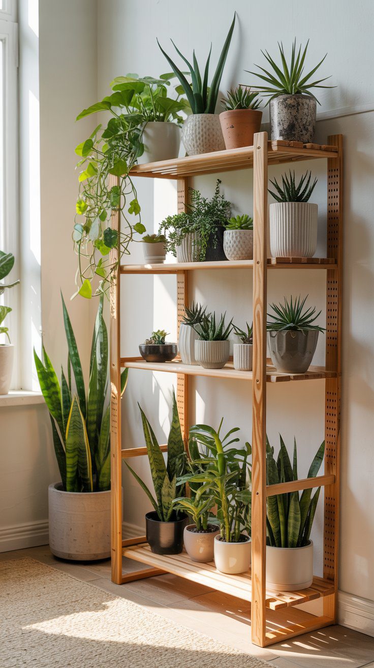 A sunlit window highlights Plant Stand 2, showcasing lush and succulent houseplants, with stylish Ikea-like arrangements nearby.