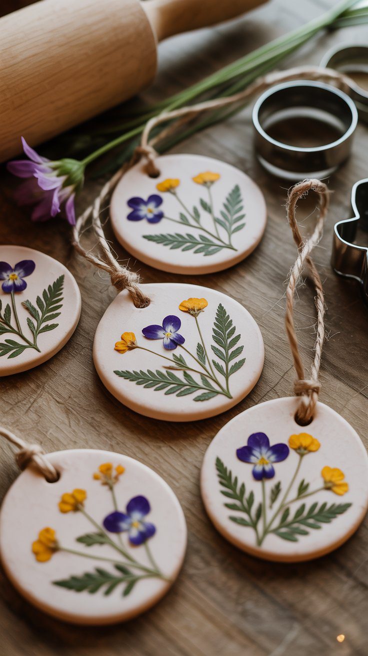 Round air dry clay ornaments feature pressed flowers, twine loops, and are styled with baking tools and vibrant purple blossoms.