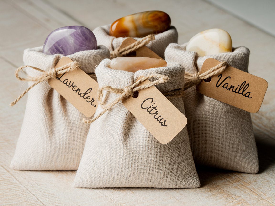 Set on a pale wood surface, three beige pouches—Lavender, Citrus, Vanilla—hold glossy aromatic stones from a scent kit.