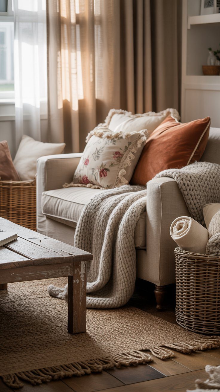 Texture is what makes a room feel lived-in and loved. It’s the secret to turning a plain space into one that feels warm and welcoming. Start with the basics—linen, cotton, and lace—and layer them in ways that invite touch and comfort.Toss a knit blanket over the arm of a chair, stack soft pillows in mismatched fabrics, and let a fringed rug peek out beneath a weathered wood table. Even small details, like wicker baskets or ruffled bedding, add depth and charm.