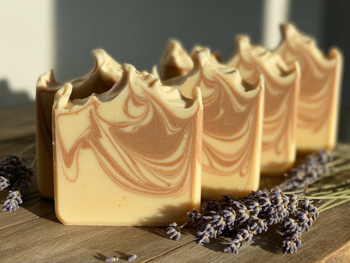Four artisan soaps with tan and brown swirls rest on wood, sunlight revealing wavy tops and lavender accents, crafted with secret methods.