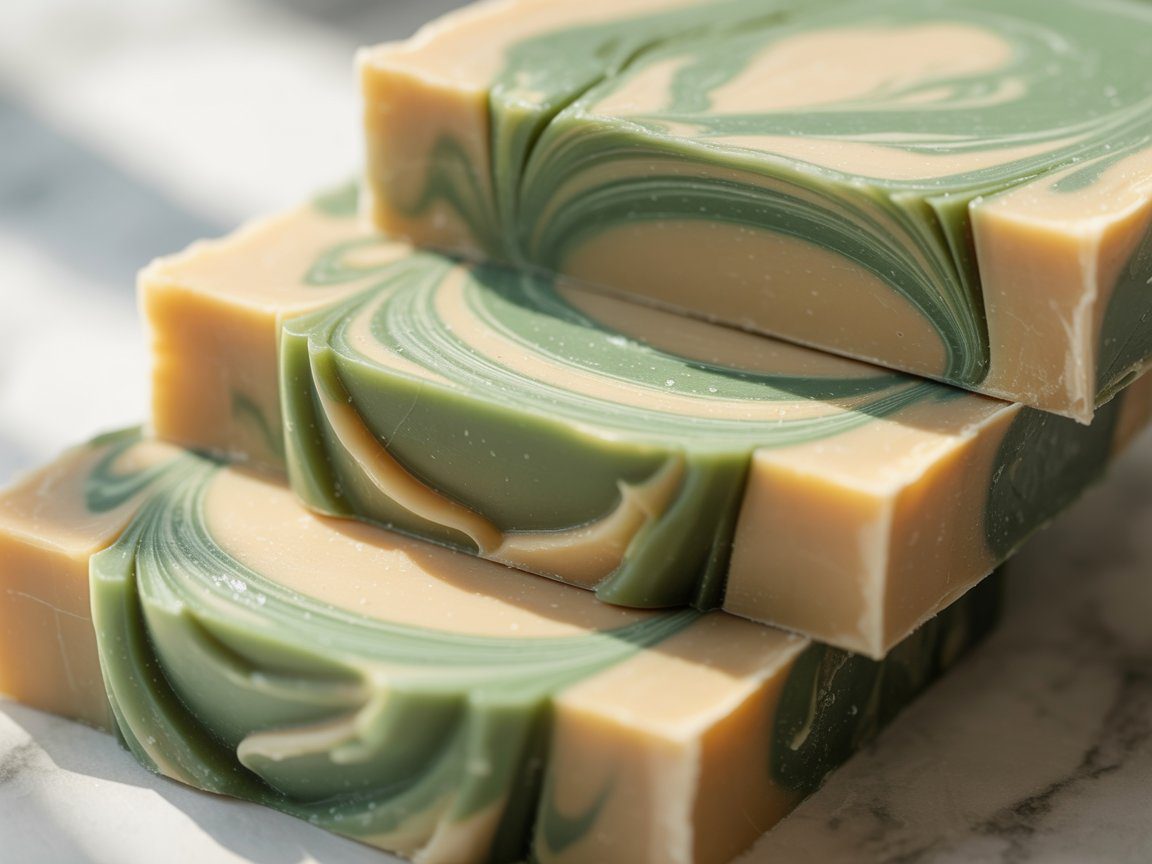 Three "soap 2" bars, featuring green and beige swirls, stack neatly on a pale surface—handcrafted for a luxe feel.