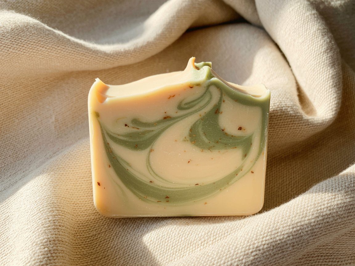 A handcrafted soap bar, swirled in green and cream, sits on beige fabric lit by sunlight—drawing from expert makers’ secret touches.
