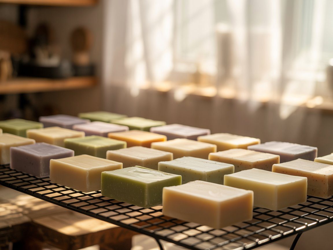 Colorful handmade soaps crafted from recycled French fry grease cool on a black rack in the sunlight, each costing $20.