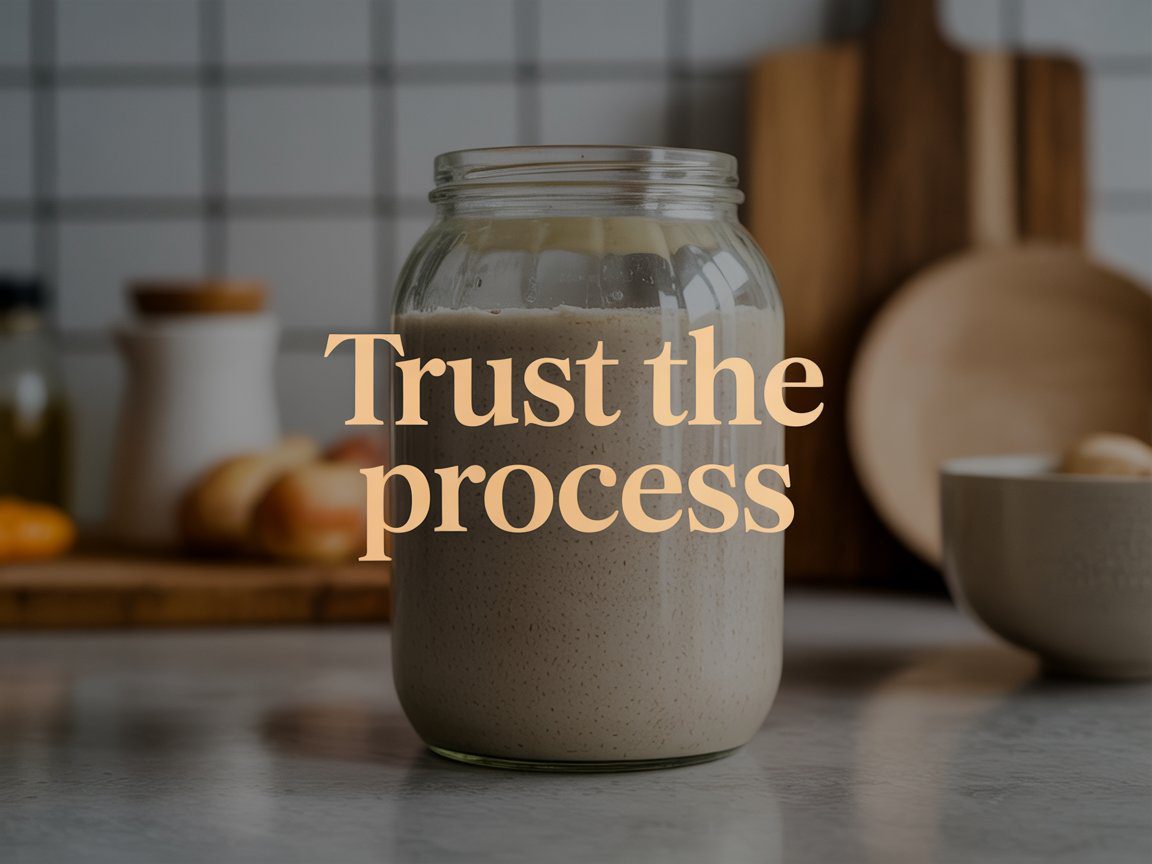 A jar labeled Sourdough 4 rests on a kitchen counter with "Trust the process" text; baking tools blur in the background.