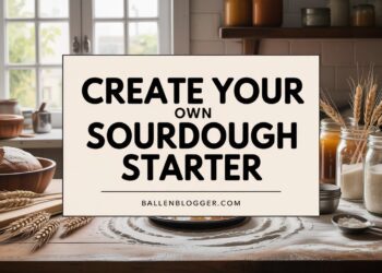 A cozy kitchen showcases jars, flour, wheat stalks, and sourdough starter. A sign invites: Bake your own bread. ballenblogger.com.
