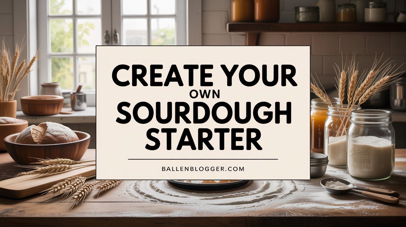 A cozy kitchen showcases jars, flour, wheat stalks, and sourdough starter. A sign invites: Bake your own bread. ballenblogger.com.