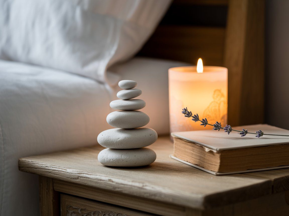 Stacked stones, a lavender-topped book, and a glowing candle sit on a wooden table by a tidy bed—perfect for calming beginners.