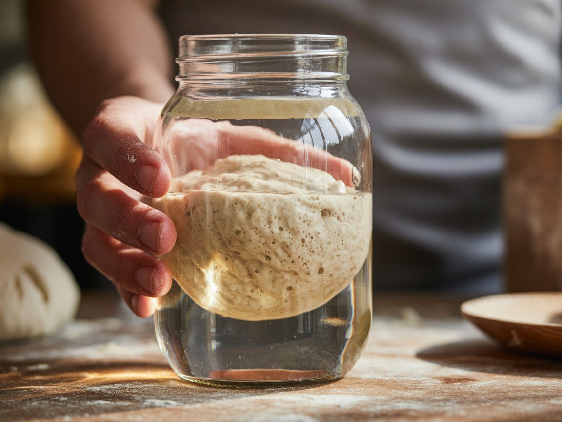 On a flour-sprinkled wooden table, someone checks their sourdough starter’s fermentation in a glass jar of water.
