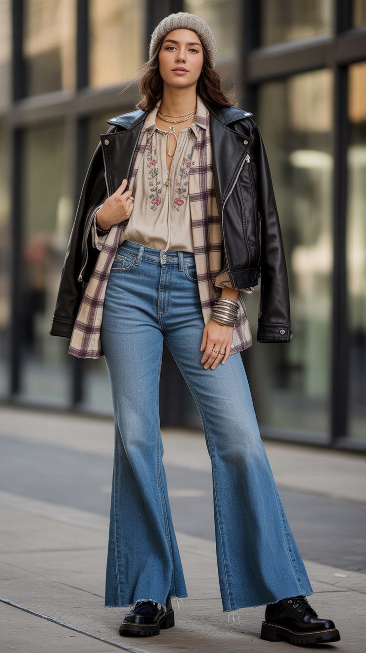 But here’s the magic trick that makes it polished: we’re topping it all off with a cropped leather moto jacket. This adds a structured, slightly edgy element that balances the flowy blouse and relaxed flannel. On our feet, we have chunky combat boots, which ground the look and add a modern, grunge-infused twist. To finish, we'll add a few stacked silver bangles and a simple beanie. This boho winter outfit is the perfect example of mixing soft, flowy pieces with structured, edgier ones.