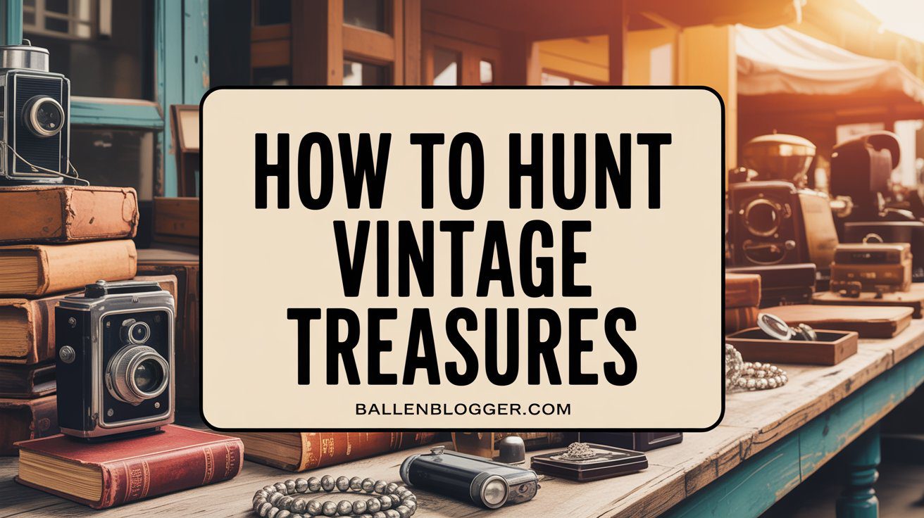 A "How to Hunt Vintage Treasures" sign tops a market table with retro cameras, suitcases, and finds. See ballenblogger.com.