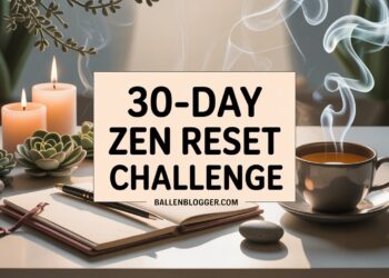 Lit candles, succulents, an open journal with pen, and hot tea create a peaceful setting near a "zen reset" sign from ballenblogger.com.