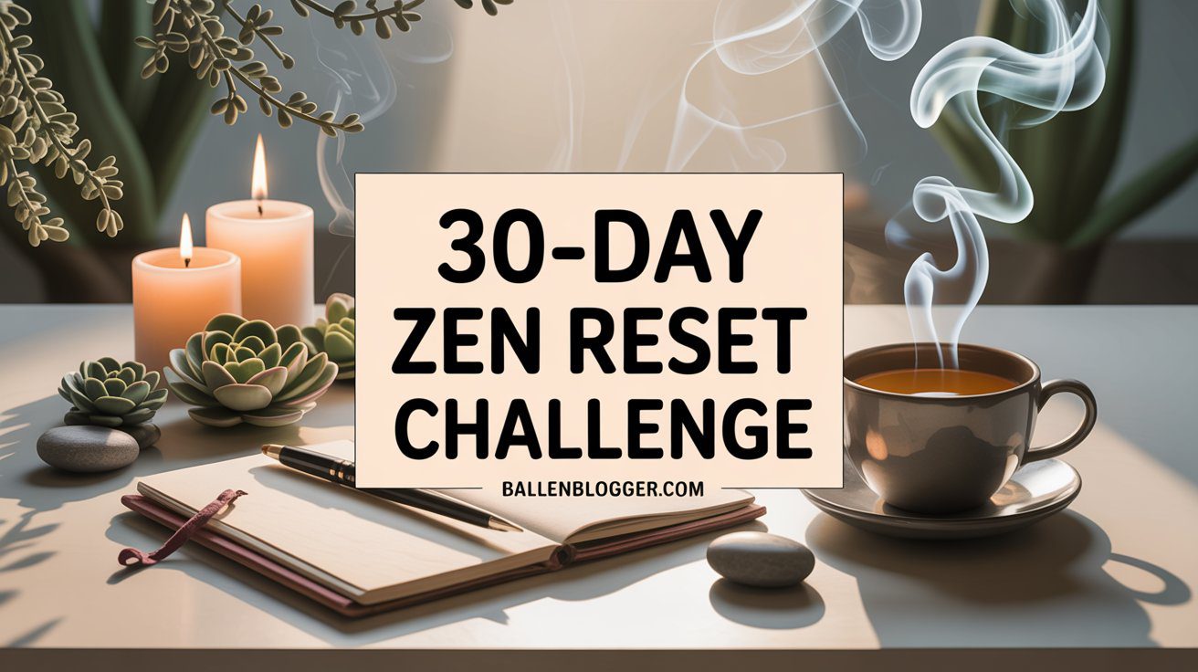 Lit candles, succulents, an open journal with pen, and hot tea create a peaceful setting near a "zen reset" sign from ballenblogger.com.