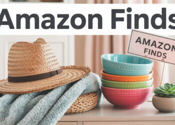 On a table under an “Amazon Finds” banner, a straw hat, blue blanket, bright bowls, and a potted plant are displayed.