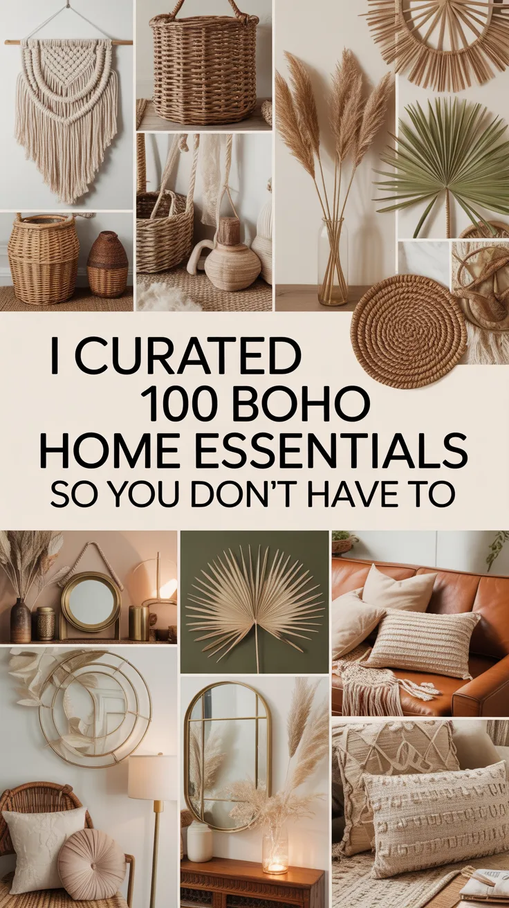 A collage of curated boho decor—baskets, pampas grass, macrame, mirrors, pillows, rugs—plus: 100 must-have finds picked for you.