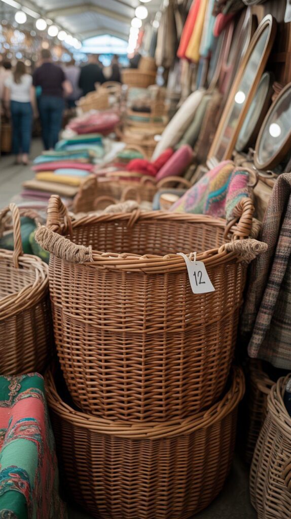At an indoor market, baskets sit amid vibrant blankets, mirrors, and woven items as shoppers explore these charming vintage finds.