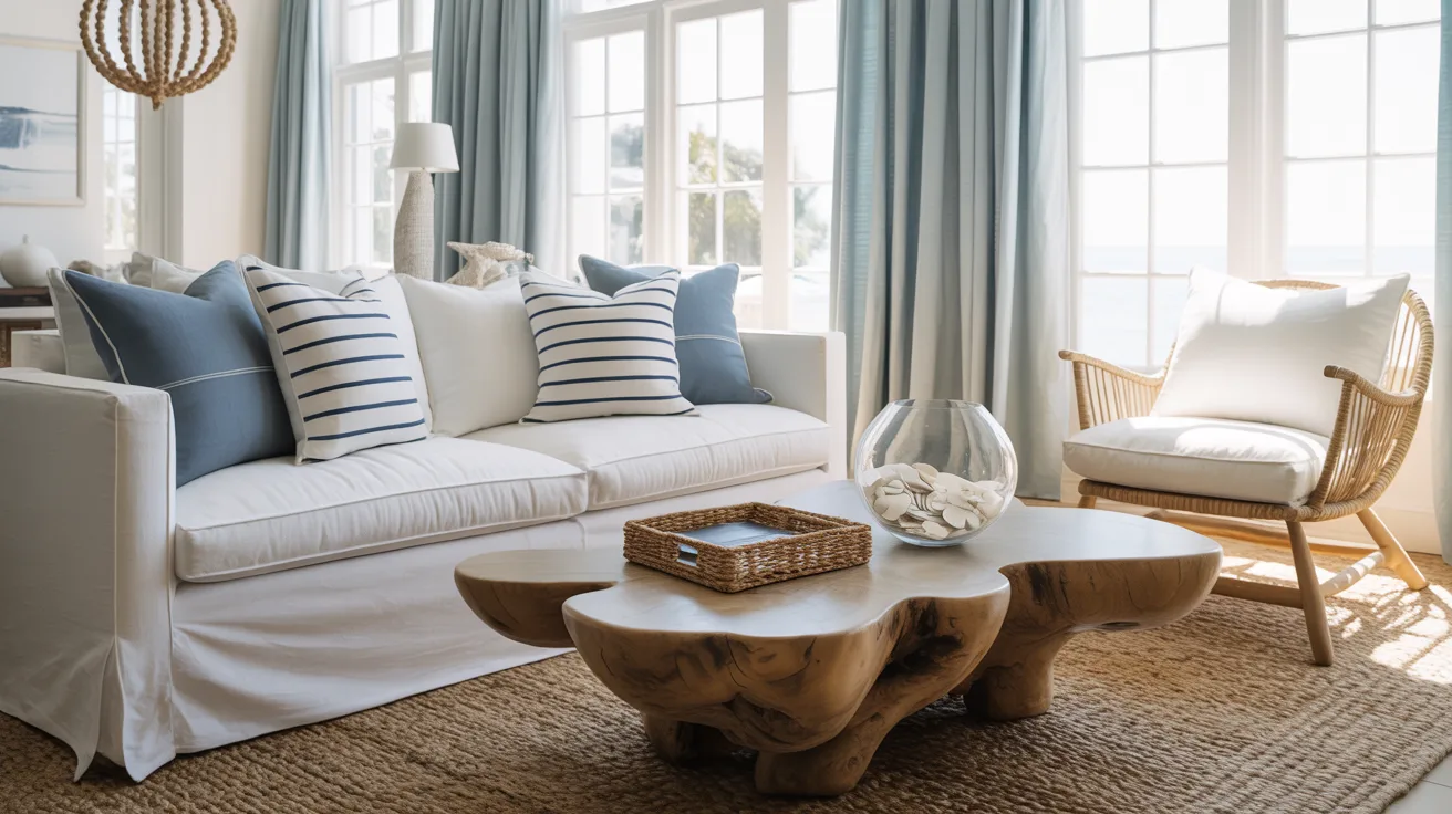 A sunlit coastal living room with a white sofa, striped pillows, natural textures, and airy decor evokes a breezy beach retreat.