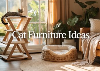 A cozy room with a lounging cat on a wooden tower, plants, soft furnishings, and chic furniture. Discover stylish cat-friendly decor.