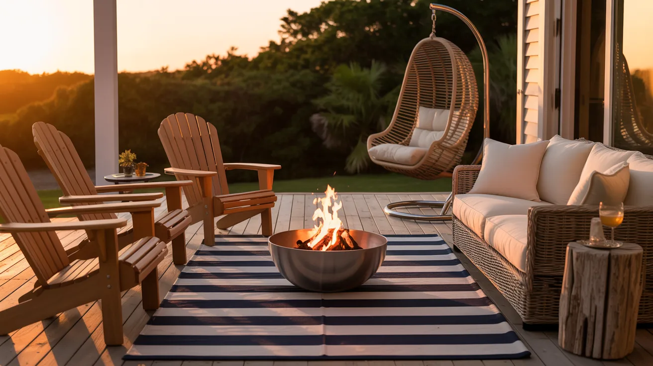 A cozy patio at sunset, surrounded by trees, boasts wood chairs, striped rug, fire pit, wicker sofa, hanging chair & drink table.
