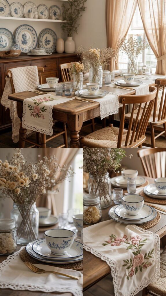 A warm dining nook features a meal-ready wooden table, embroidered linens, blue china, dried blooms, and sunlit curtains.