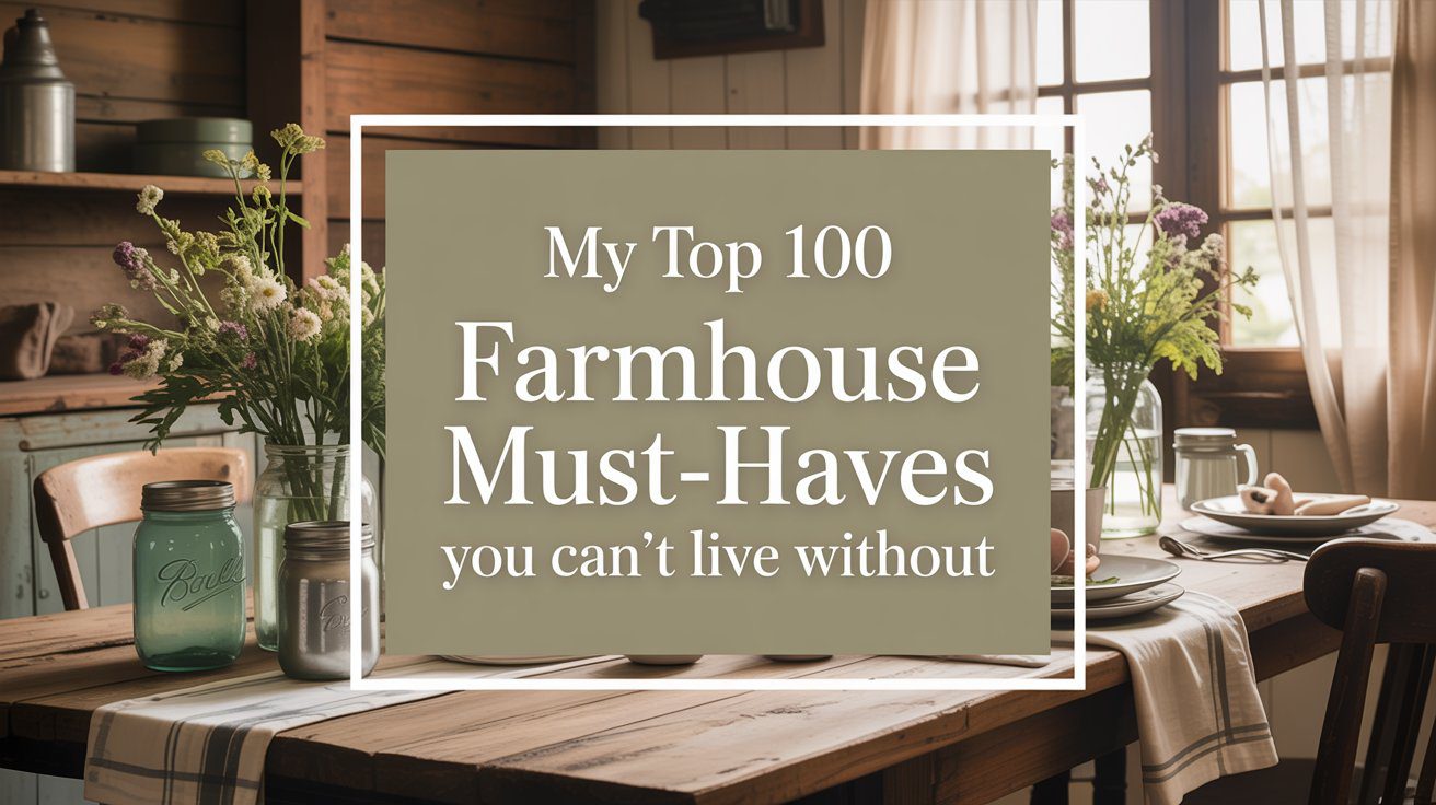 Sunlit farmhouse table with jarred flowers, radiating coziness. Text overlay: Must-Have – perfect addition for your rustic decor!.