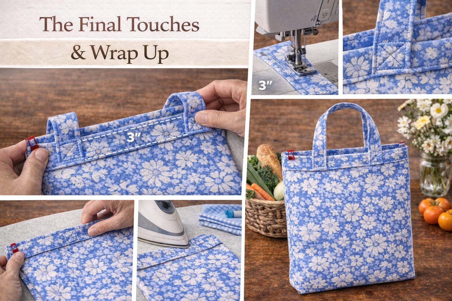Step-by-step collage: sew a blue floral tote, add handles, measure spacing, press seams. The upright bag is shown with veggies and blooms.