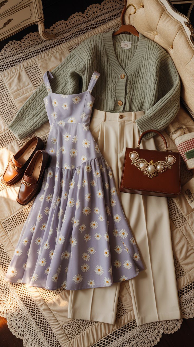 A Grandmacore Dress paired with a sage cardigan, white pants, loafers, and pearl bag rests on a lace rug by a cream sofa.
