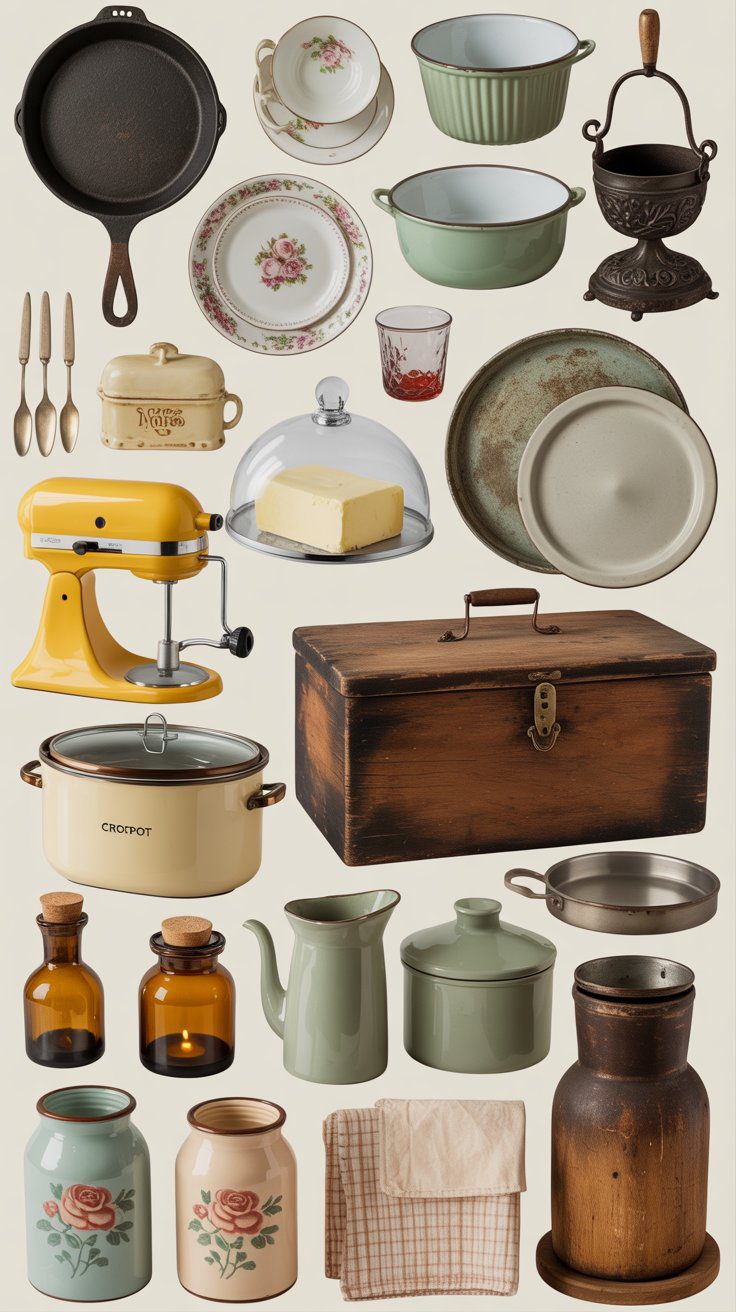 Discover the charm of Grandmacore Kitchen with vintage plates, retro cookware, utensils, and a cheery yellow mixer for your home.