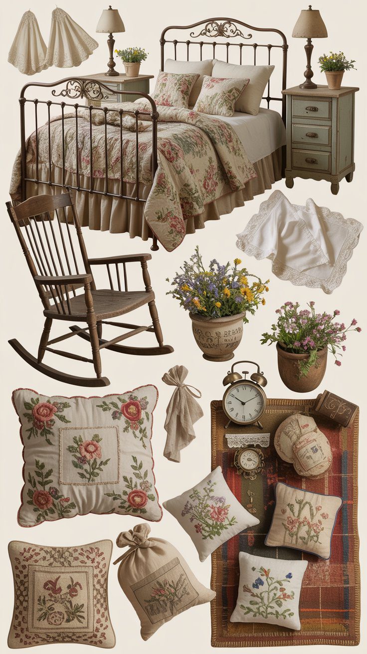 Vintage-inspired grandmacore bedroom with floral bedding, cozy accents, rustic rug, and nostalgic touches for a warm, inviting space.