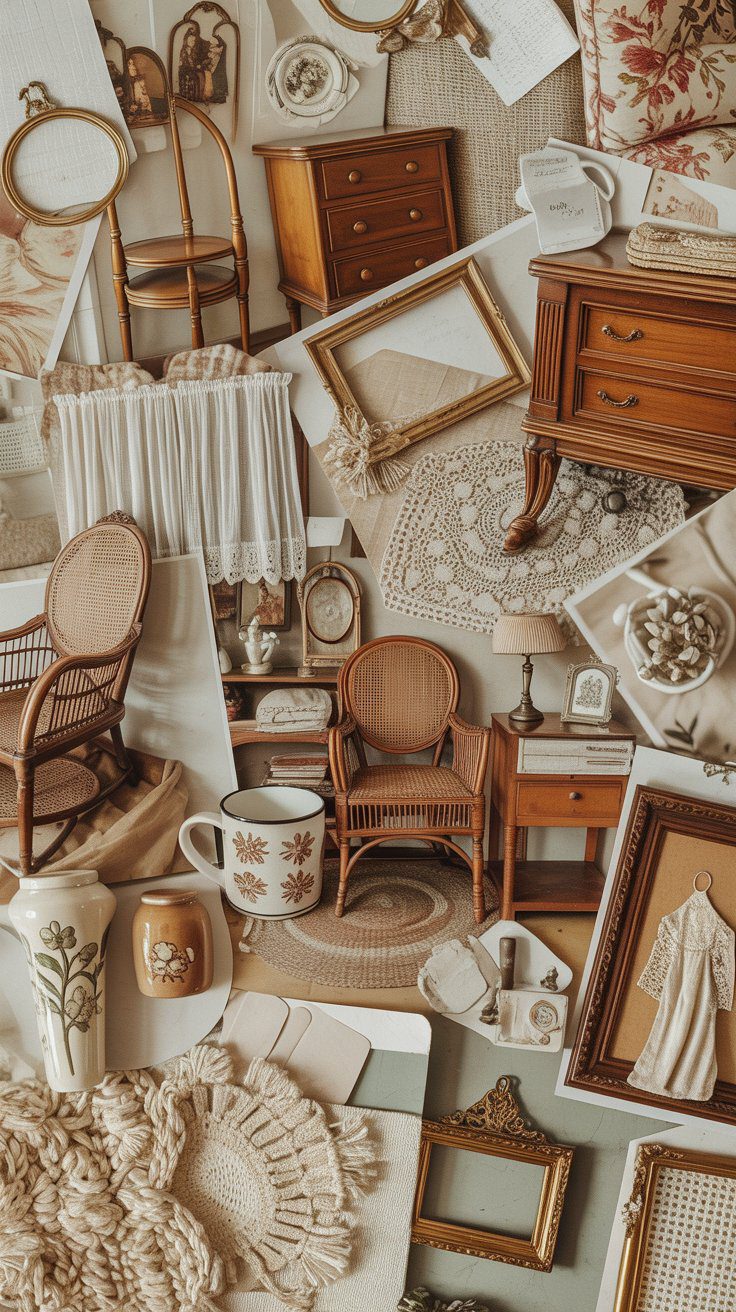 A Grandmacore living room collage with vintage wood furniture, lace doilies, florals, gold frames, and cozy neutral hues.