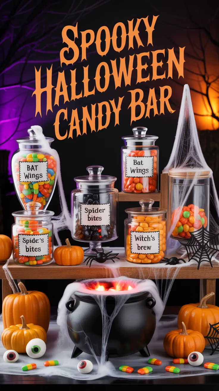 urn your candy table into a spooky Halloween display with black-and-orange candies like candy corn, gummies, spooky-shaped chocolates, and “Bat Wings” (chocolate-covered pretzels). Style with cobwebs, mini pumpkins, glow jars, and a bubbling dry-ice potion station. Tap to see all 15 ideas + setup tips