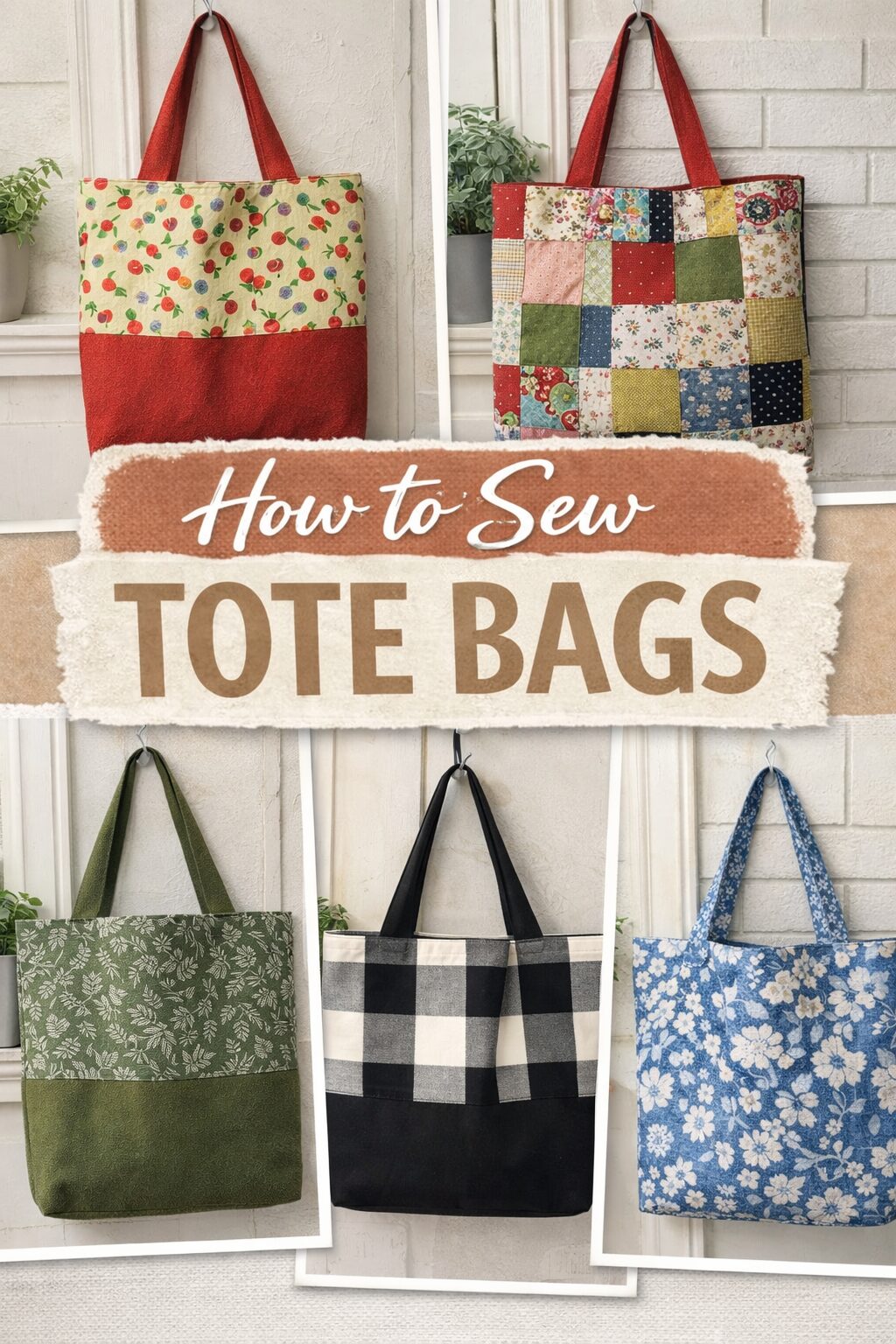 A collection of colorful, patterned handmade tote bags encircles a sign that says “How to sew tote bags pin”—perfect for easy DIY sewing instructions.
