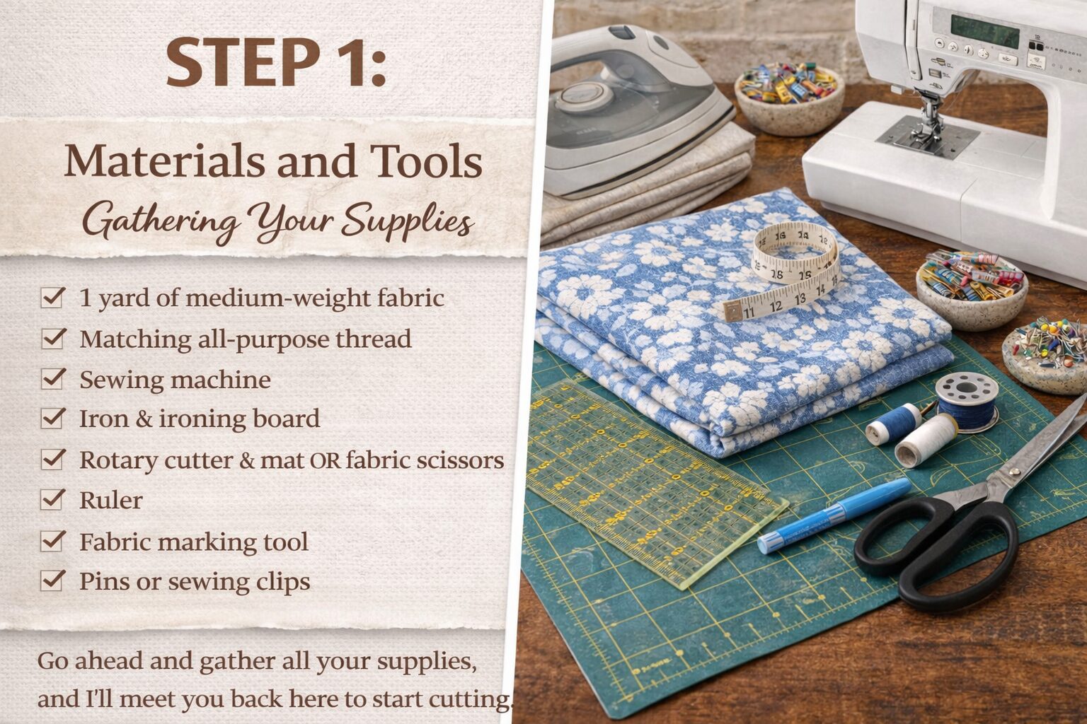 Essential sewing materials—including fabric, cutting tools, pins, and a machine—organized on a table for project prep.