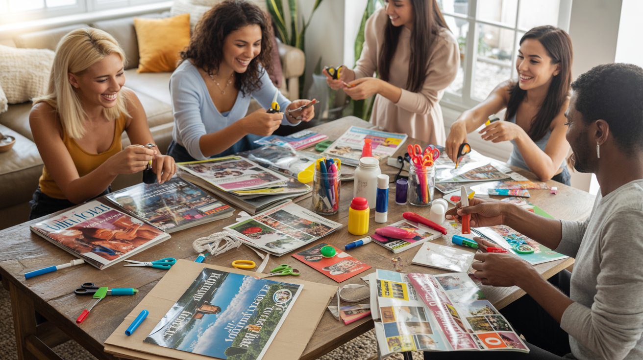 A lively group exchanging smiles crafts vision boards with magazines and markers, inspired by The Vision Boards Blog’s vibrant ideas.