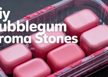 Six powder-dusted, pink aroma stones sit in a clear box labeled "DIY Bubblegum Aroma Stones"—refresh your space easily.