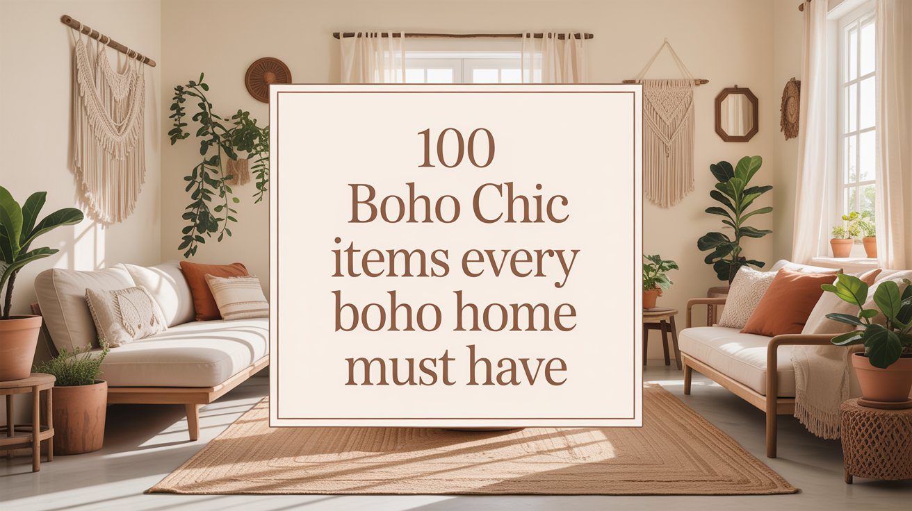 Design a warm boho-inspired living space featuring macrame, lush greenery, and earthy neutrals. Text: “100 Boho Chic must-haves.”.