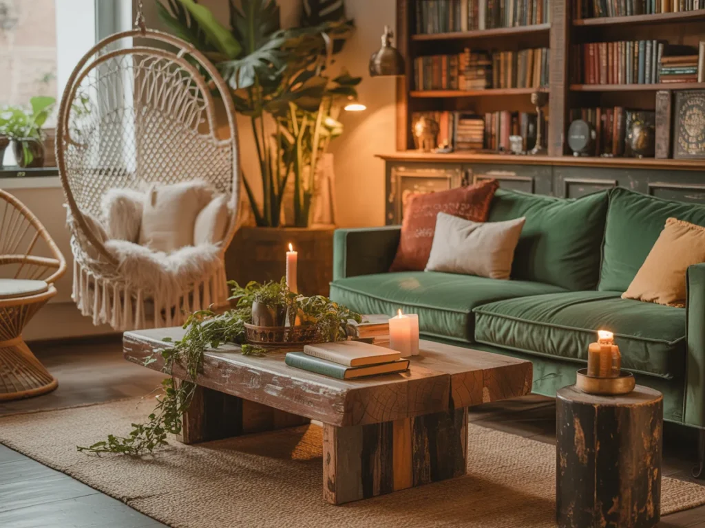 Refresh your space into a cozy boho retreat with a green sofa, bookshelves, rustic coffee table, plants, candles, and window swing.