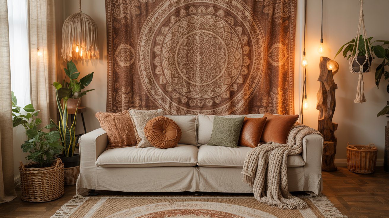 Design an inviting boho space with a beige sofa, earthy accents, bold tapestry, lush plants, woven baskets, and glowing lights.