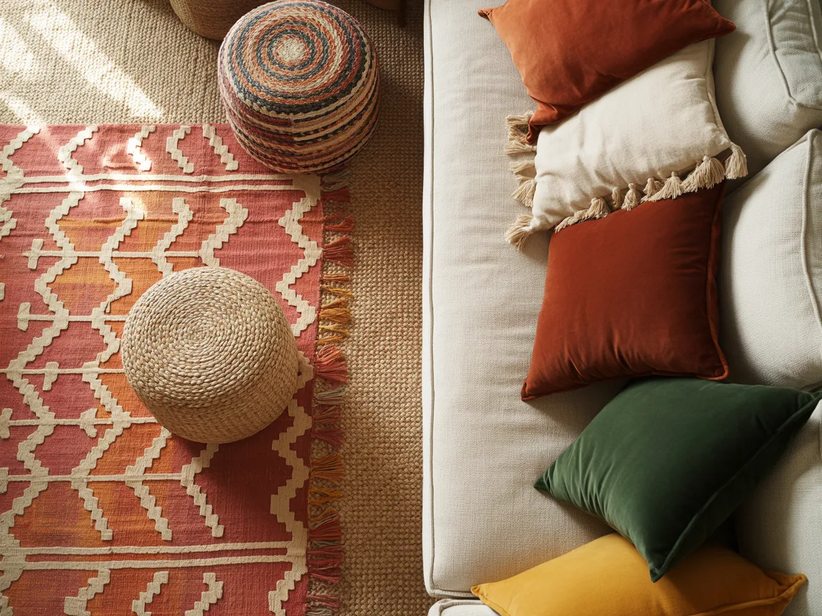 A welcoming living room with cream sofas, vibrant pillows, and boho accents creates a warm, stylish haven full of character.