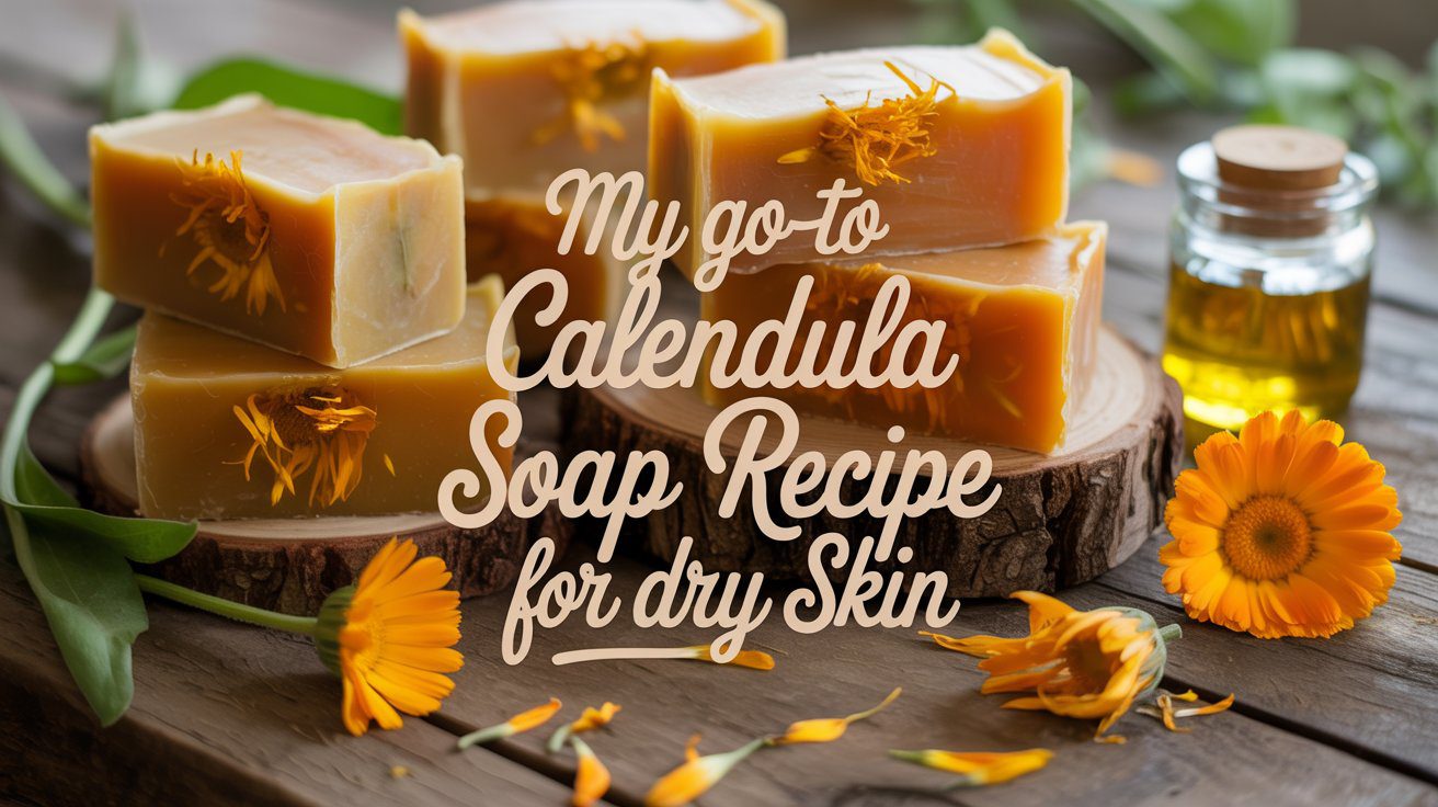 Stacked calendula soaps rest on wooden slices, with oil and fresh blooms beside them. Text: My top recipe for dry skin care.