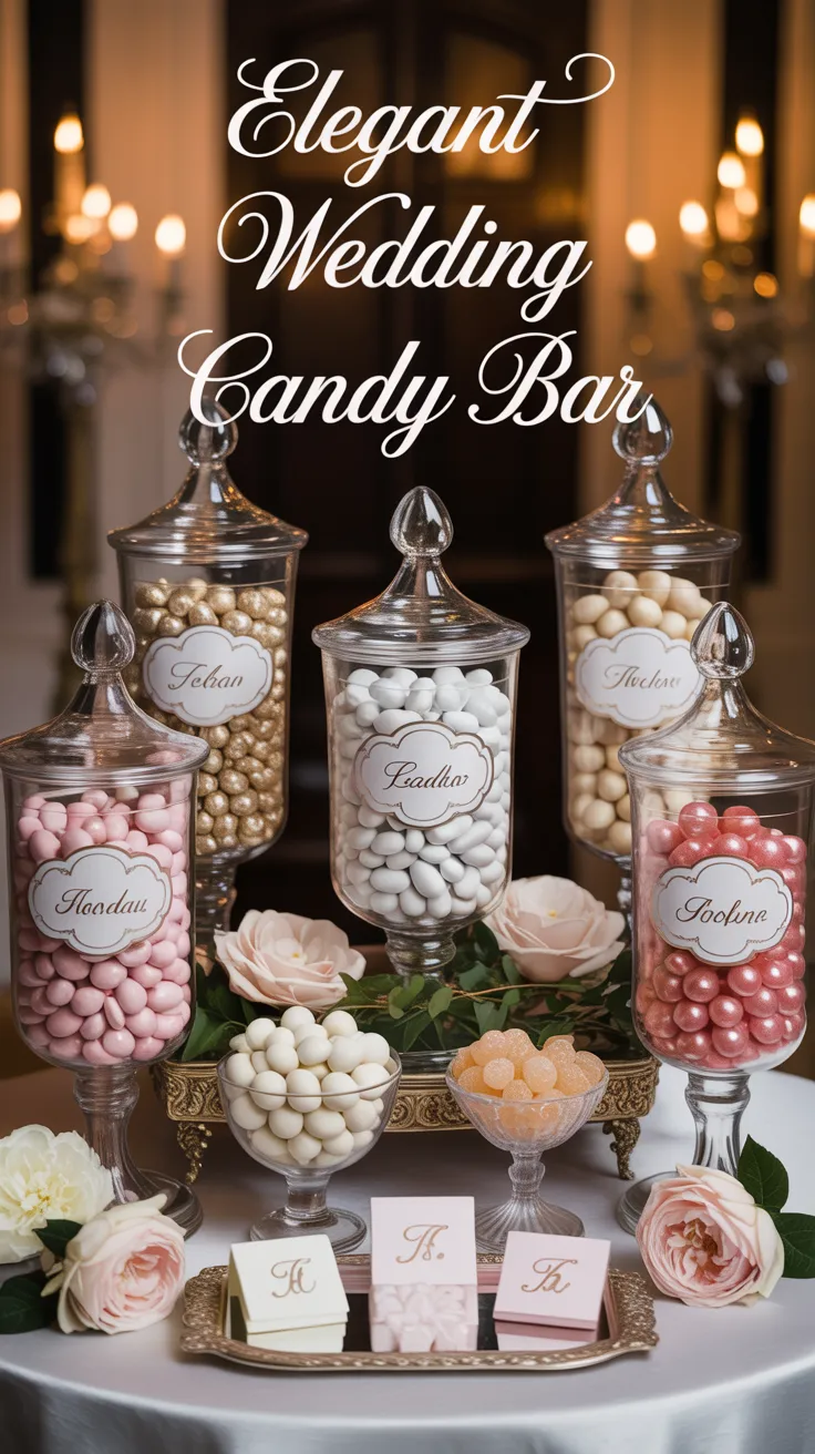Elevate your reception with a chic wedding candy bar in blush, ivory, and gold. Stock Jordan almonds, champagne gummies, white truffles, meringues, and pearlized candies. Style with crystal jars, silver trays, florals, and monogram favor bags. Tap to see all 15 ideas + setup tips.