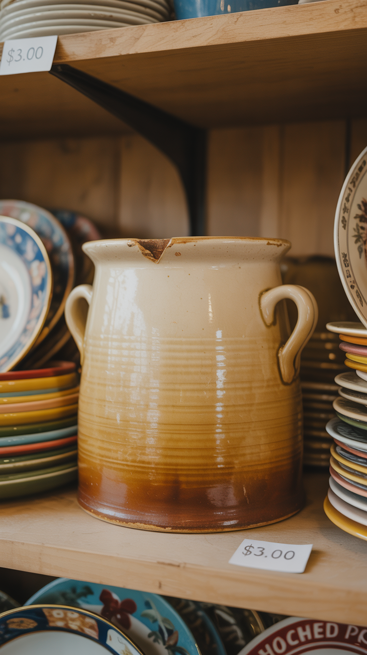 A beige and brown ceramic pot with two handles and a chipped rim sits on a shelf with colorful plates, tagged at $3.00.