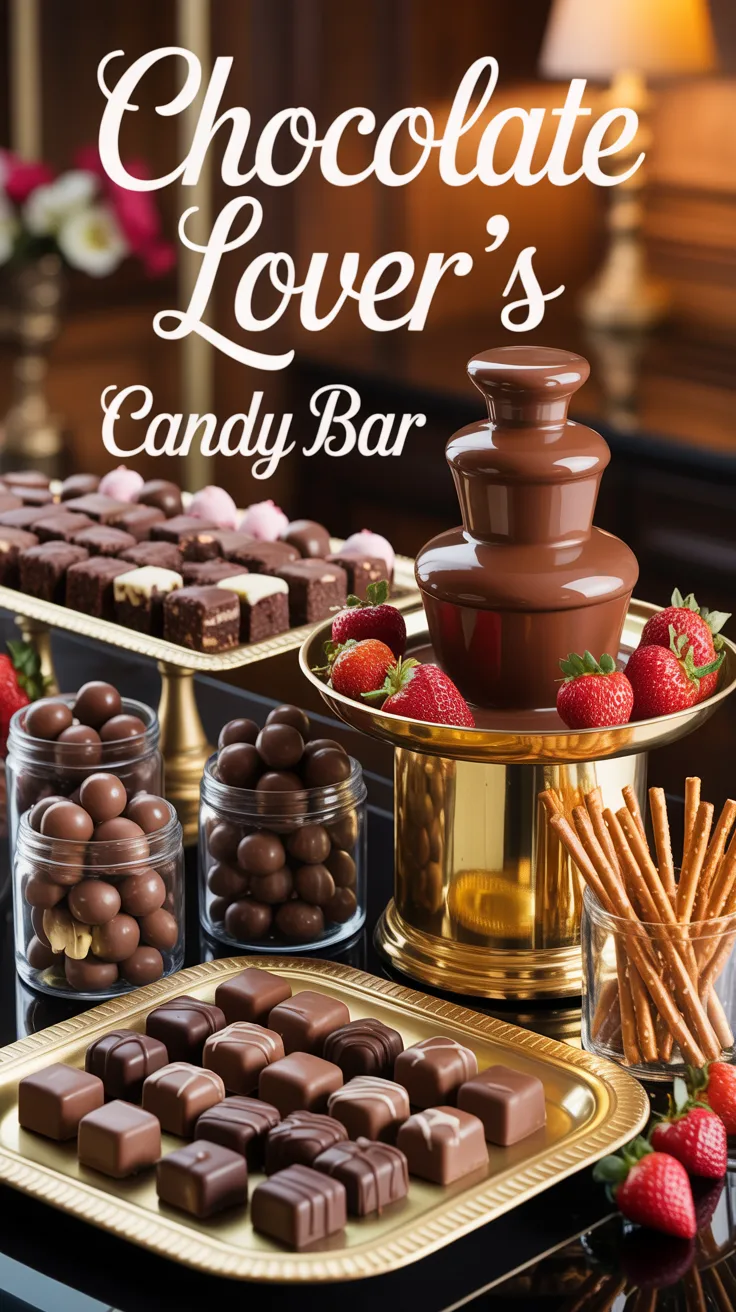 Build a decadent chocolate bar with dark, milk, and white chocolates, truffles, cocoa-dusted nuts, brownie bites, and a mini fountain with strawberries and pretzels. Get styling tips and a candy list. Tap to see all 15 ideas 