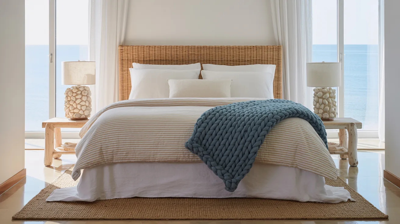 A tranquil beachy bedroom with a wicker headboard, cozy blue blanket, shell lamps, and big windows framing calming sea views.
