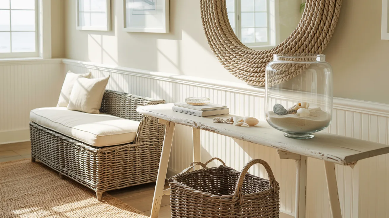 Design a sunny coastal entryway: wicker bench, white cushion, rustic table with seashell jar, woven basket, and large round mirror.