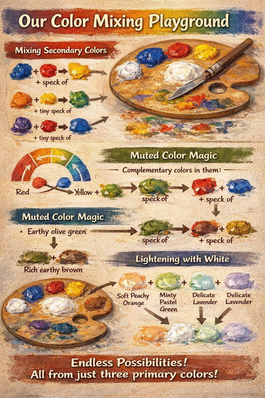 A vivid visual guide with text and arrows demonstrates mixing primary colors on a palette to achieve soft, dreamy landscape tones.