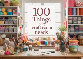 A sunny craft room with yarn, ribbons, baskets, and supplies fills the space. A sign lists essentials atop a well-stocked table.