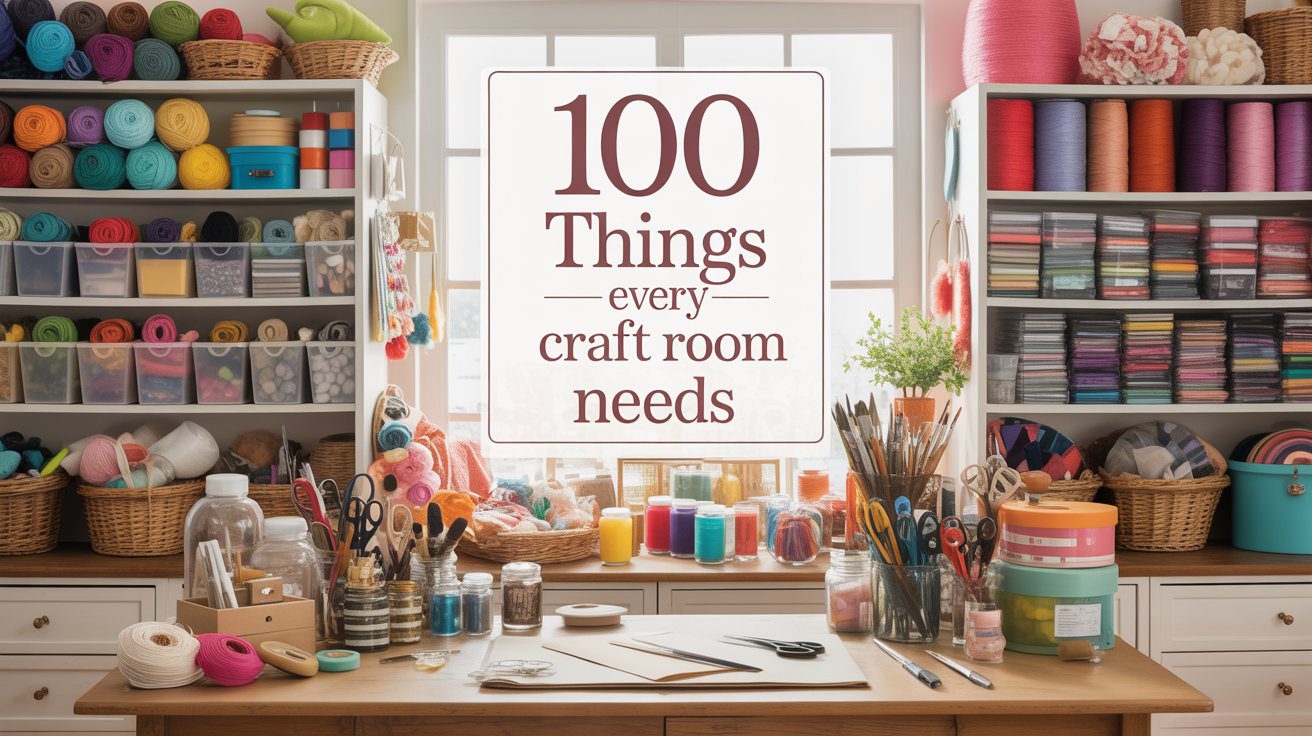 A sunny craft room with yarn, ribbons, baskets, and supplies fills the space. A sign lists essentials atop a well-stocked table.