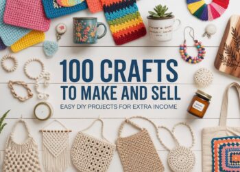 A variety of handmade items—mugs, crochet art, jewelry, candles, and wooden boards—showcase simple DIY ideas to sell for profit.