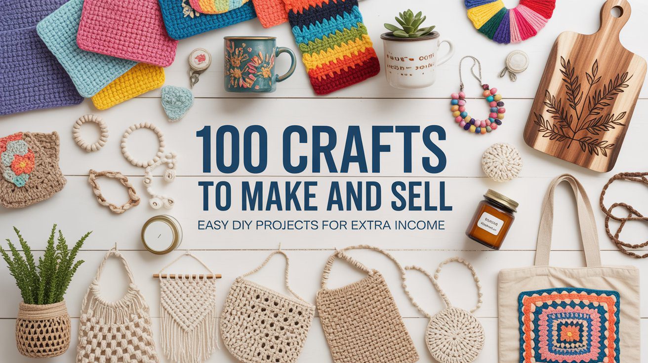 A variety of handmade items—mugs, crochet art, jewelry, candles, and wooden boards—showcase simple DIY ideas to sell for profit.